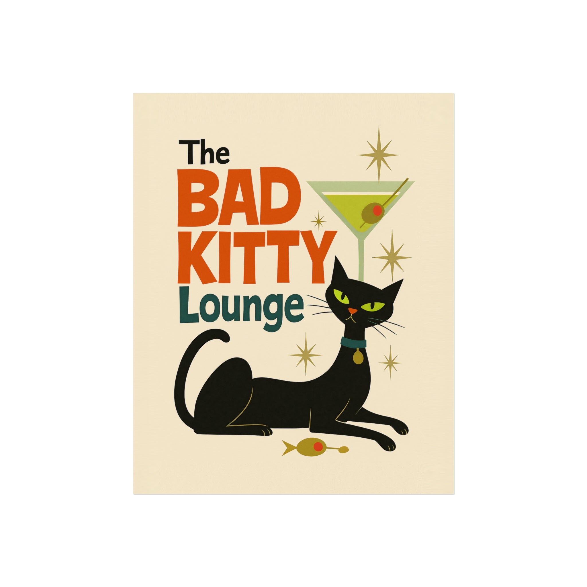 Mid Century Modern Cat Fine Art Poster Bad Kitty Lounge Decor, Vintage Cat Art Wall Art for Cat Lovers Unique Gift for Home Retro Cat Decor