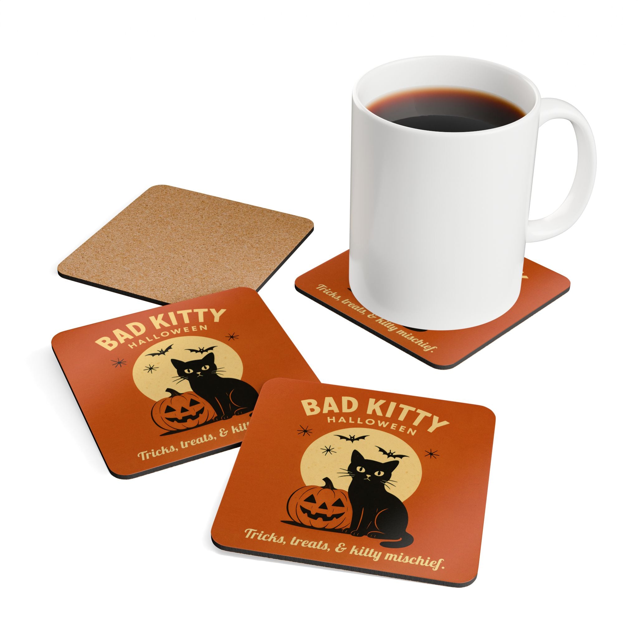 Retro Bad Kitty Coasters,  Spooky Cat Halloween Art