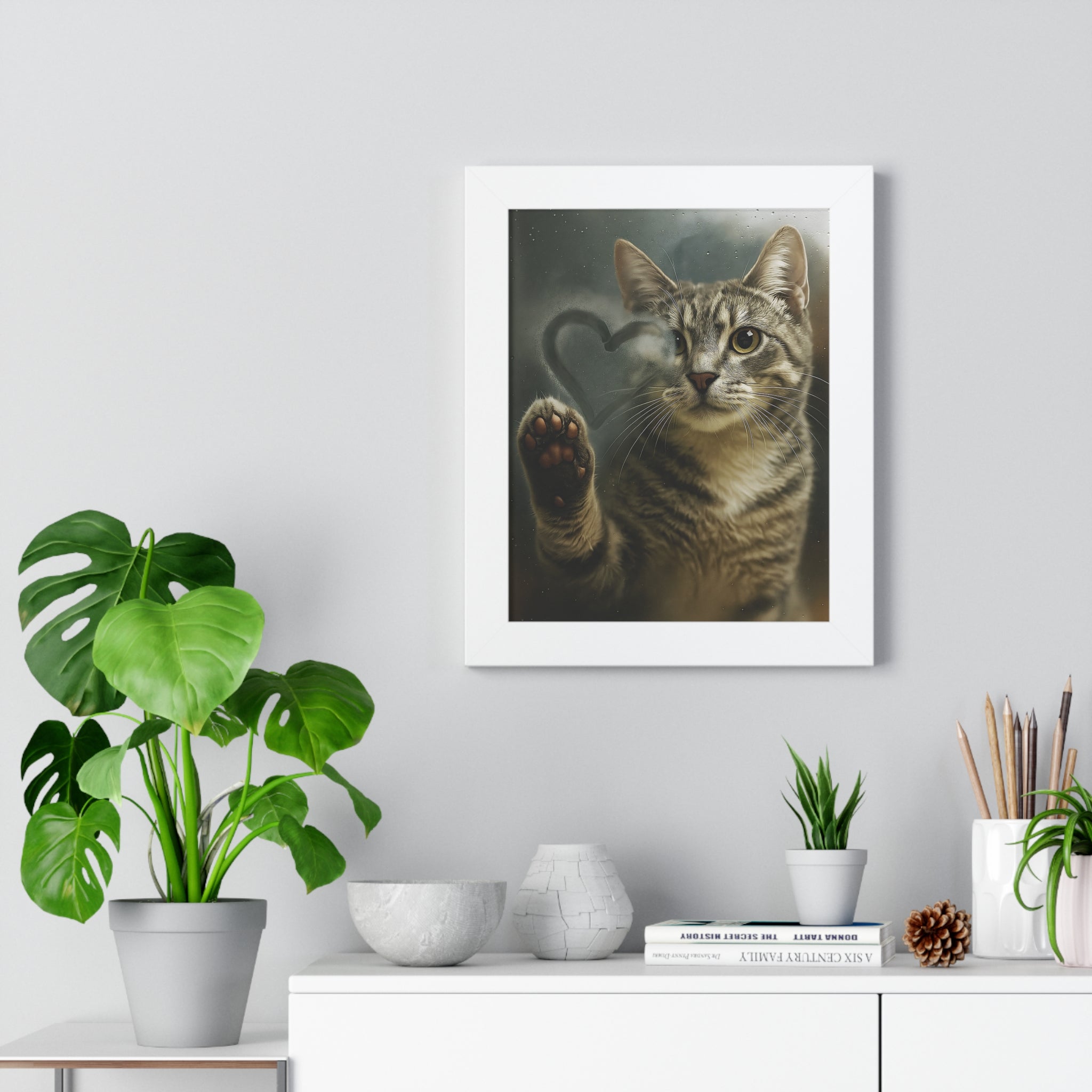 Unique Cat Behind Glass Realistic Pet Framed 11x14 Art  Paw Drawing Heart in Fog  Emotional Cat Art