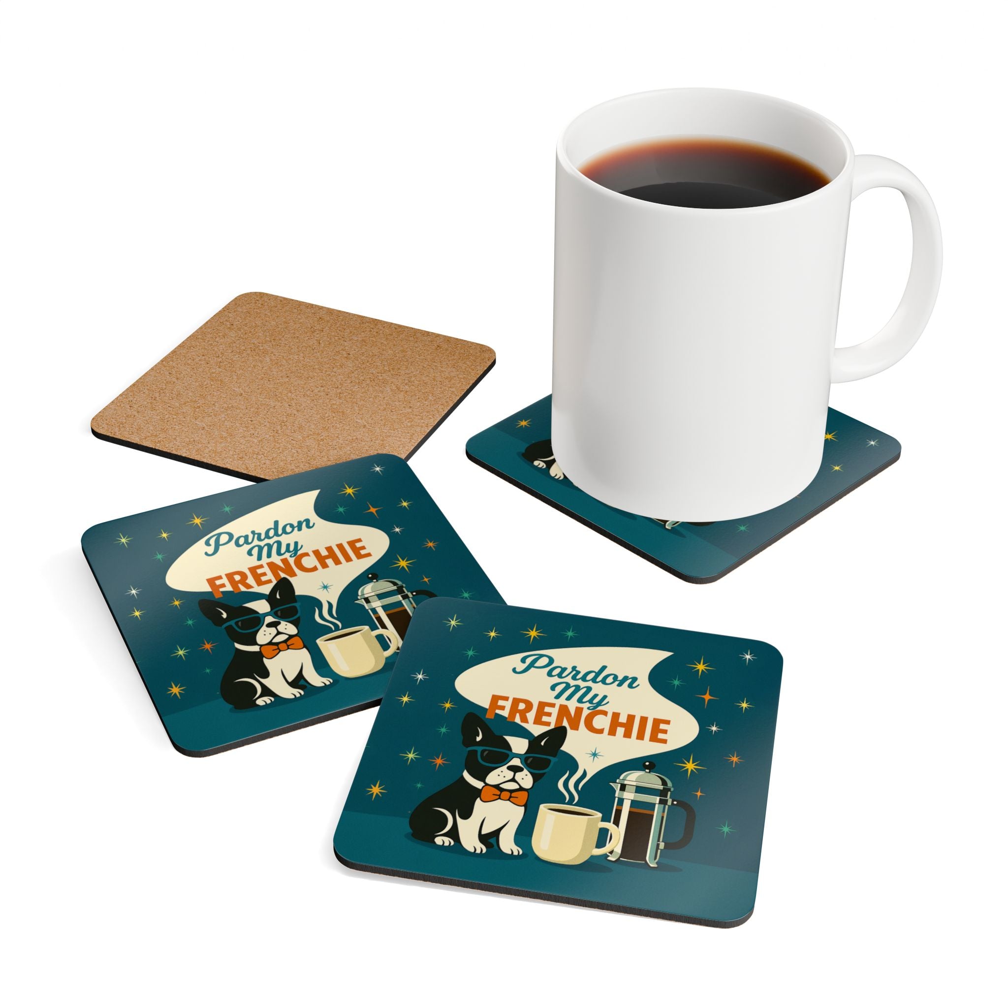 Retro Frenchie Coaster Set,  Pardon My Frenchien Dog Art