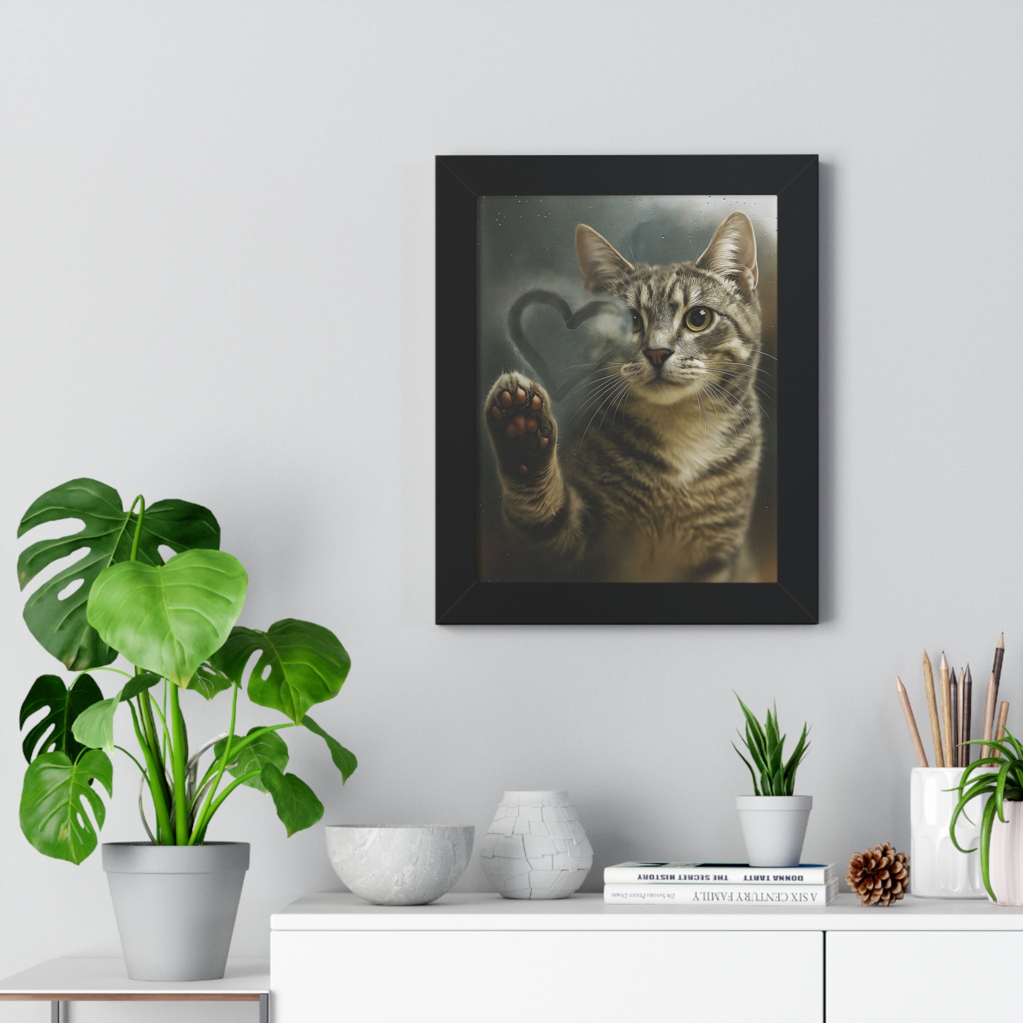 Unique Cat Behind Glass Realistic Pet Framed 11x14 Art  Paw Drawing Heart in Fog  Emotional Cat Art