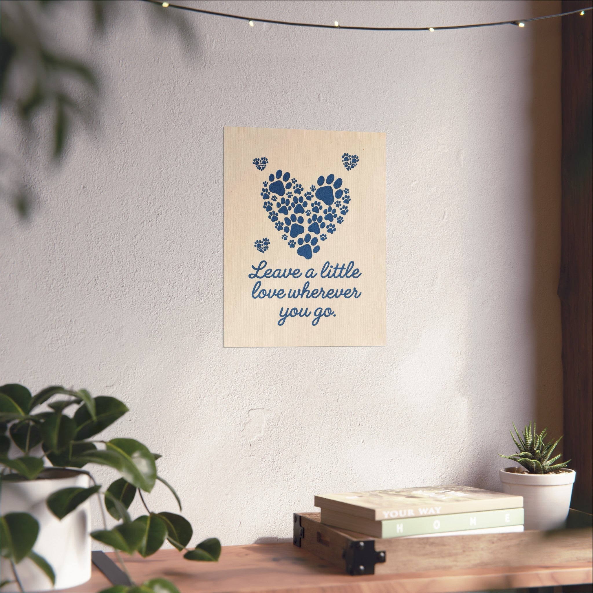 Paw Print Heart Wall Art Leave a Little Love Wherever You Go Embroidered Pet Quote Print on Linen Dog Lover Gift