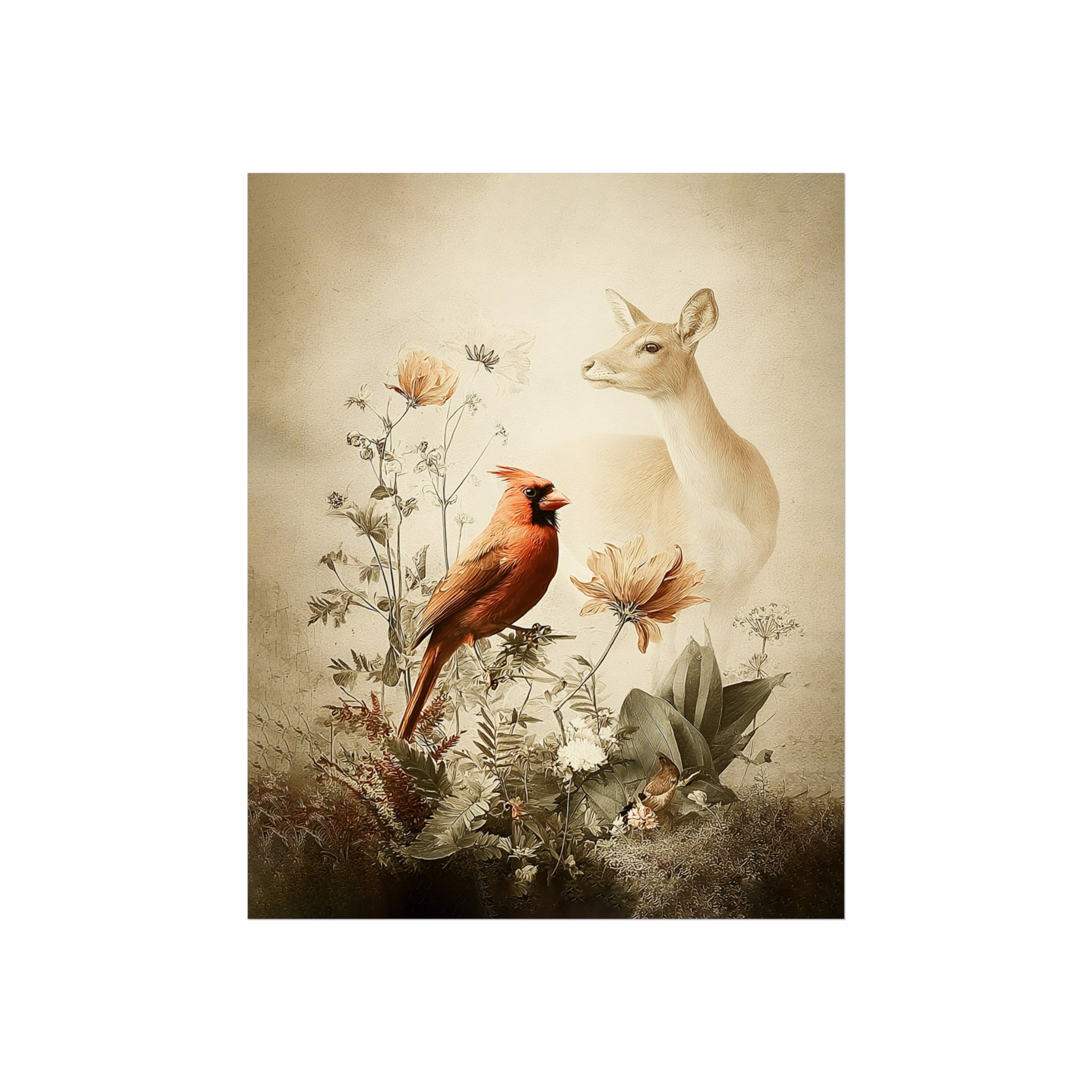 Woodland Cardinal and Deer Wall Art Print Botanical Cottagecore Animal Decor, Neutral Rustic Illustration 8x10 Nature Gift