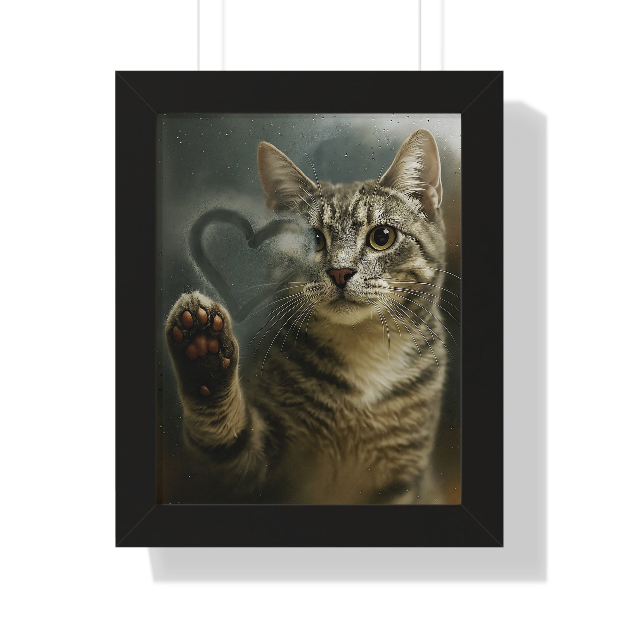Unique Cat Behind Glass Realistic Pet Framed 11x14 Art  Paw Drawing Heart in Fog  Emotional Cat Art