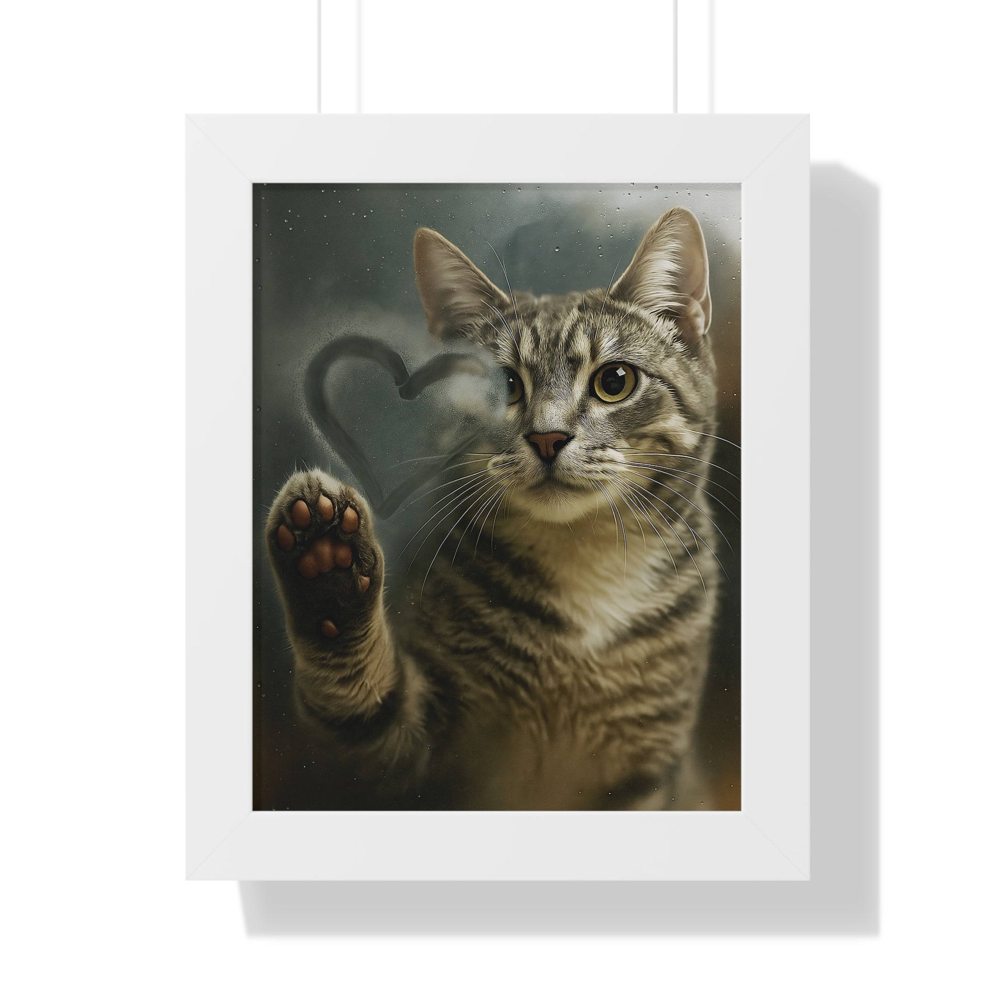 Unique Cat Behind Glass Realistic Pet Framed 11x14 Art  Paw Drawing Heart in Fog  Emotional Cat Art