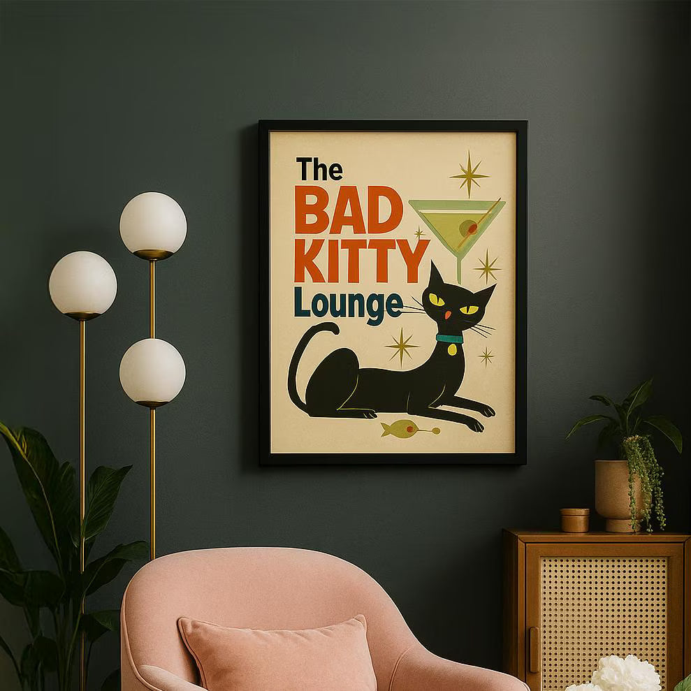 Mid Century Modern Cat Fine Art Poster Bad Kitty Lounge Decor, Vintage Cat Art Wall Art for Cat Lovers Unique Gift for Home Retro Cat Decor