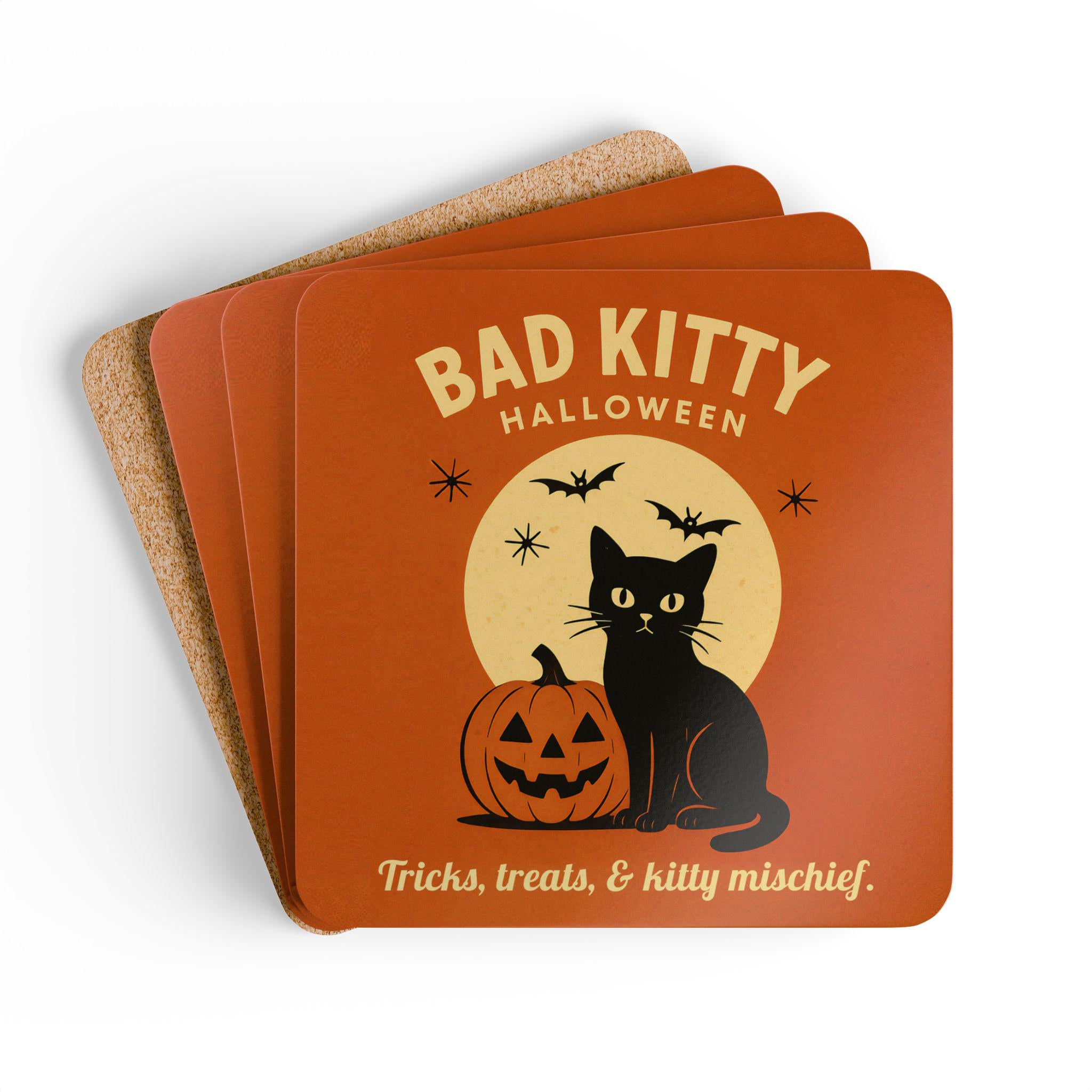 Retro Bad Kitty Coasters,  Spooky Cat Halloween Art