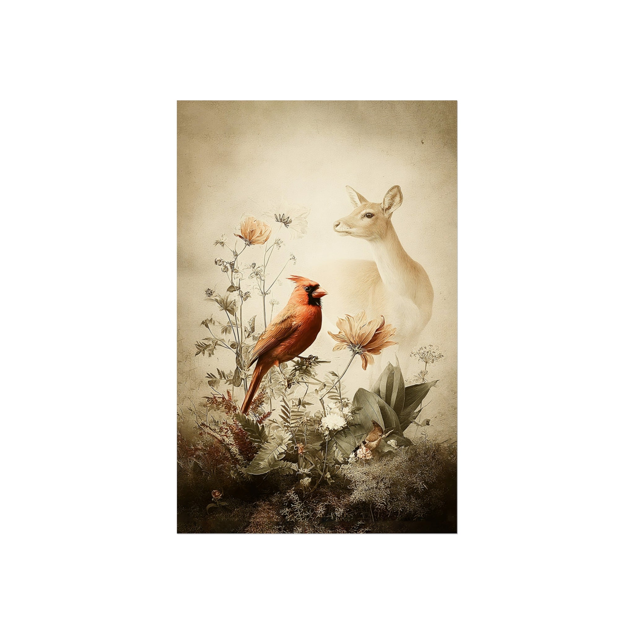 Woodland Cardinal and Deer Wall Art Print Botanical Cottagecore Animal Decor, Neutral Rustic Illustration 8x10 Nature Gift