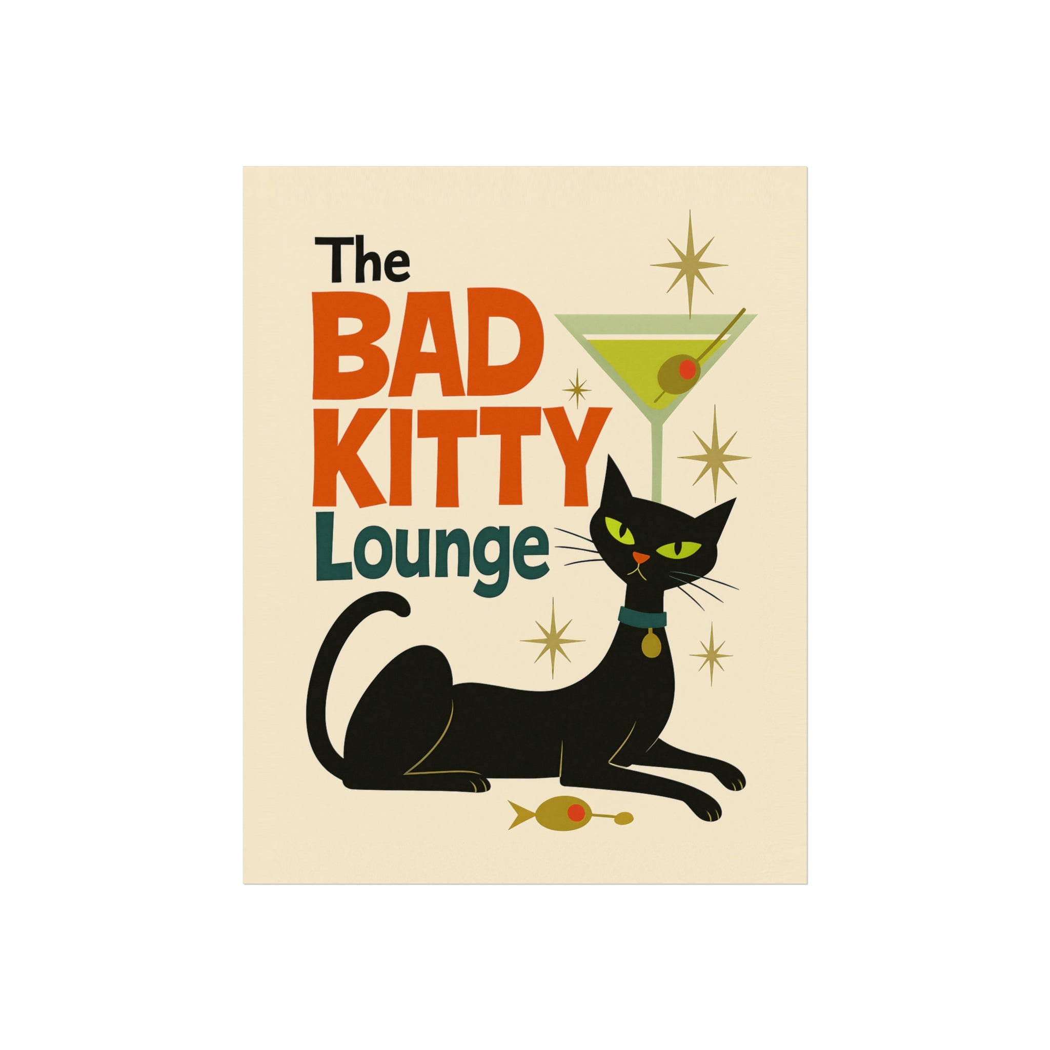 Mid Century Modern Cat Fine Art Poster Bad Kitty Lounge Decor, Vintage Cat Art Wall Art for Cat Lovers Unique Gift for Home Retro Cat Decor